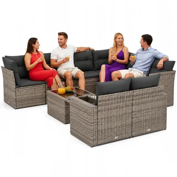 Zestaw mebli ogrodowych szary rattan PE z poduszkami, wymiary 65,5x62x69 cm