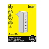 Ładowarki do telefonów - Budi - Ładowarka sieciowa z obrotową wtyczką i timerem, 3x USB, 1x USB-C PD, 48W, QC3.0 (Biały) - miniaturka - grafika 1