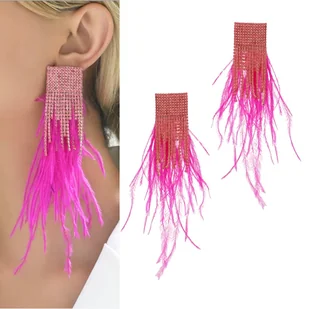 Długie kolczyki wiszące złote fuksja z piórami i cyrkoniami nitki wiszące - Kolczyki - miniaturka - grafika 1