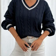 Swetry damskie - TEMU Sweter Damski z Dekoltem w Serek i Kolorowymi Blokami - Luźny Krój, Miękkie Rękawy z Opadającym Ramieniem, Pulower na Jesień/Zimę, Casualowy i - miniaturka - grafika 1