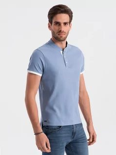 Koszulki męskie - Koszulka męska polo bez kołnierzyka - niebieska V3 OM-TSCT-0156 - grafika 1