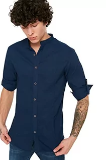 Koszule męskie - Trendyol Męska koszula z dekoltem w kształcie jelenia Bengalin Kuplu Super Slim Fit, granatowa, mała - grafika 1