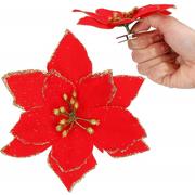Ozdoby bożonarodzeniowe - Gwiazda betlejemska czerwona z brokatem na klipsie poinsecja sztuczny kwiat - miniaturka - grafika 1