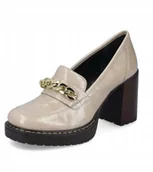 Czółenka - Rieker Beżowe Lakierowane Czółenka Z Łańcuchem Na Słupku 42 J1A - miniaturka - grafika 1