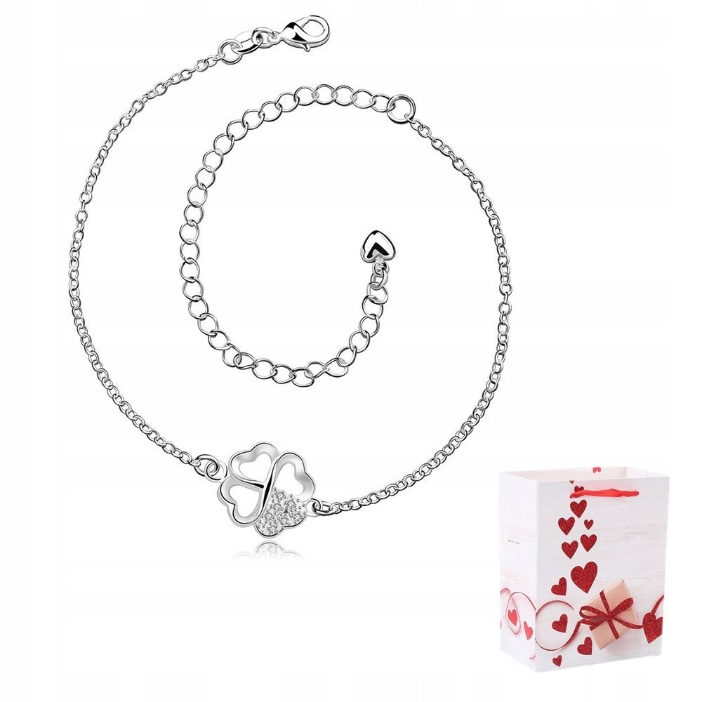 Bransoletka Damska Łańcuszek Srebrny Na Nogę Stopę Koniczynka Kryształki