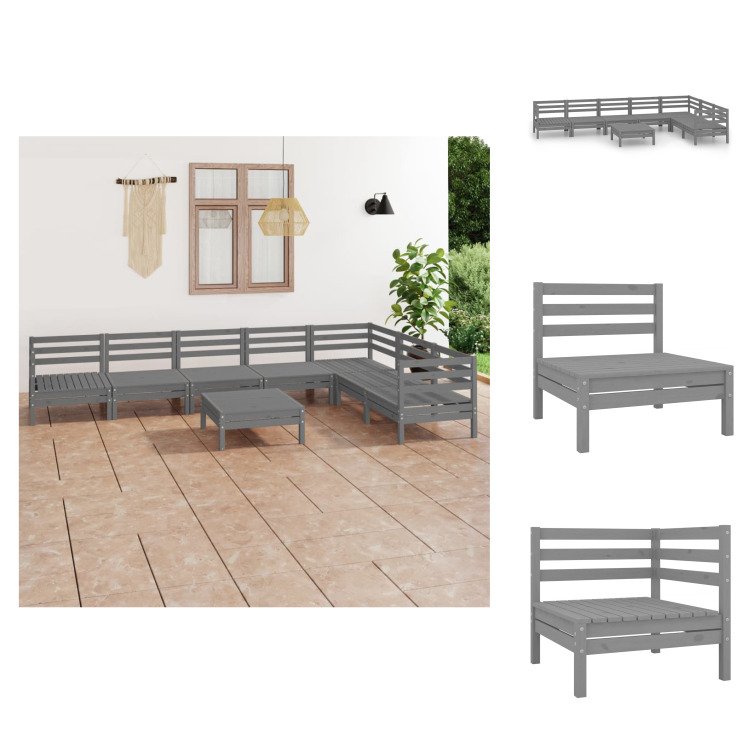 vidaXL 8-częściowy zestaw wypoczynkowy do ogrodu z litej sosny w kolorze szarym - Zestawy mebli ogrodowych