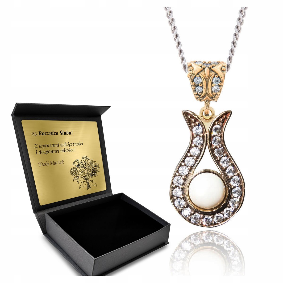 Naszyjnik Srebrny 925 Cyrkonie Perła Biżuteria Dla Kobiety + Grawer