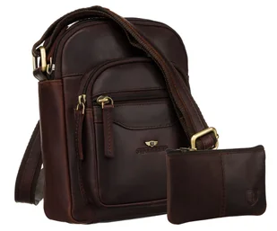 Skórzana torba męska na ramię PETERSON miejska mała listonoszka crossbody brązowa kieszonki na suwak długi pasek z regulacją + etui na klucze - Torby męskie - miniaturka - grafika 1