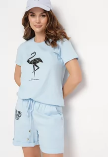 Komplety damskie - Jasnoniebieski Bawełniany Komplet na Lato T-shirt i Szorty z Nadrukiem Emorals - grafika 1