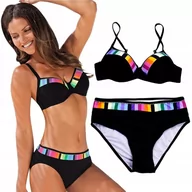 Stroje kąpielowe - PUSH UP STRÓJ KĄPIELOWY CZARNY KOLOROWE WSTAWKI PUSH UP L - miniaturka - grafika 1