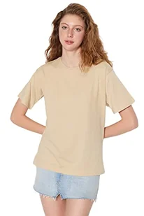 Trendyol Koszulka damska, beżowa, 100% bawełna Bicycle Collar Boyfriend Knitted T-Shirt, S - Koszulki i topy damskie - miniaturka - grafika 1