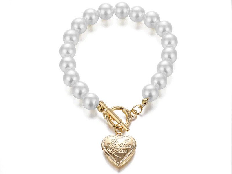 Bransoletka Białe Kuleczki Z Dużym Sercem Grawer Róża I Napis I Love You Perłowe Kulki Na Prezent