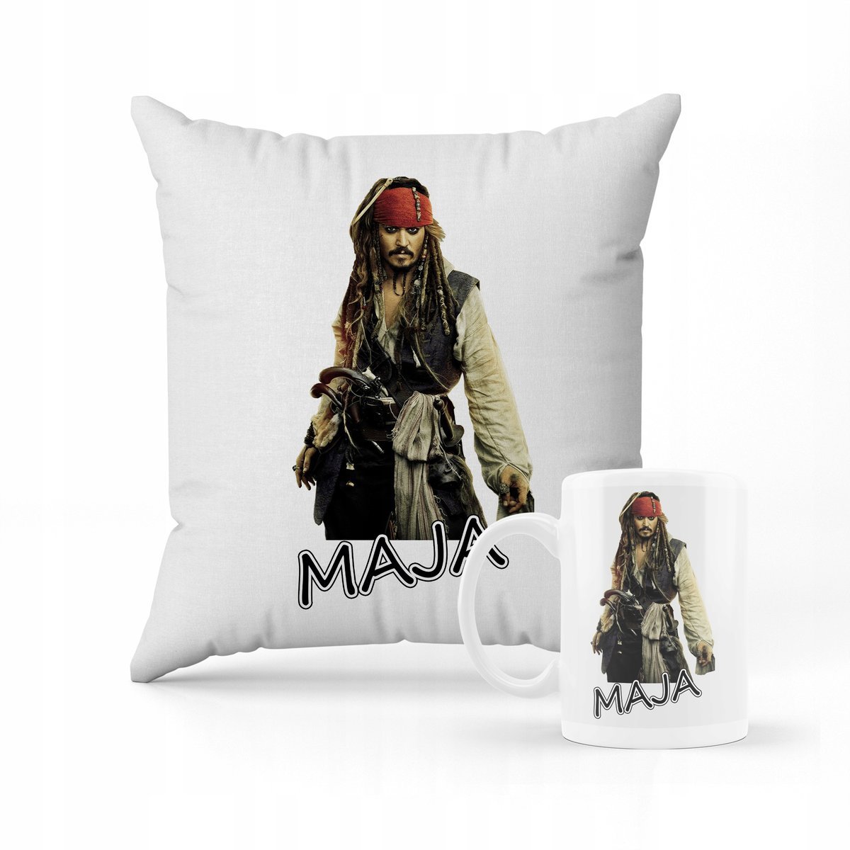 ZESTAW PODUSZKA + KUBEK PREZENT DLA DZIECKA JACK SPARROW PIRACI + IMIĘ #3