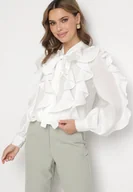 Koszule damskie - Biała Koszula z Wiskozą o Luźnym Kroju z Falbanami i Wiązaniem Ravionel - miniaturka - grafika 1
