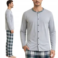 Piżamy damskie - DŁUGA WYGODNA ROZPINANA PIŻAMA MĘSKA 100% BAWEŁNA SPODNIE W KRATĘ L GREY - miniaturka - grafika 1