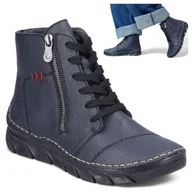 Botki damskie - Rieker Botki Damskie Jesienne Trzewiki Ciepłe Wygodne Płaskie Granatowe 41 - miniaturka - grafika 1