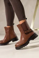 Botki damskie - Brązowe botki skórzane damskie Sergio Leone na bieżnikowanej platformie guma w cholewce ozdobny pasek ze stalową klamrą GI280-H - miniaturka - grafika 1