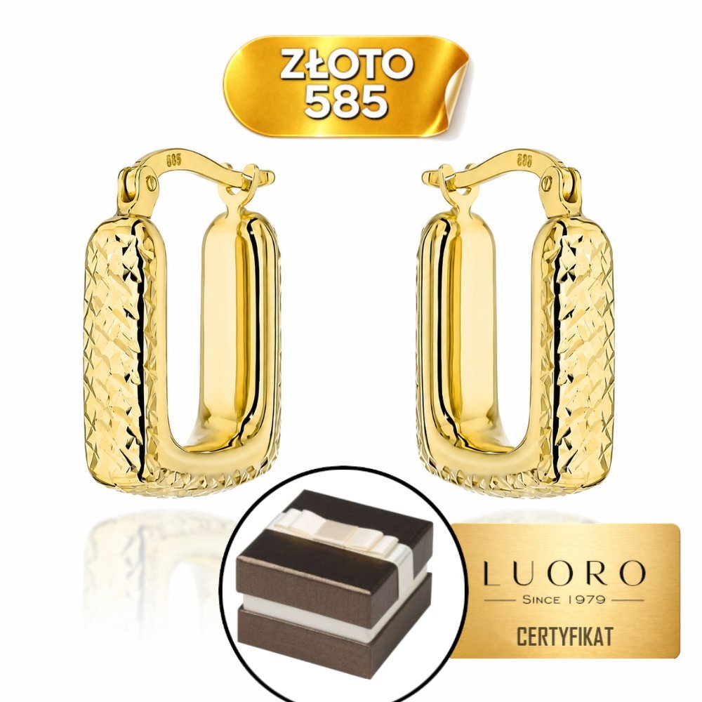 KOLCZYKI ZŁOTE 585 14K DIAMENTOWANE PROSTOKĄTNE 19 MM ELEGANCKIE