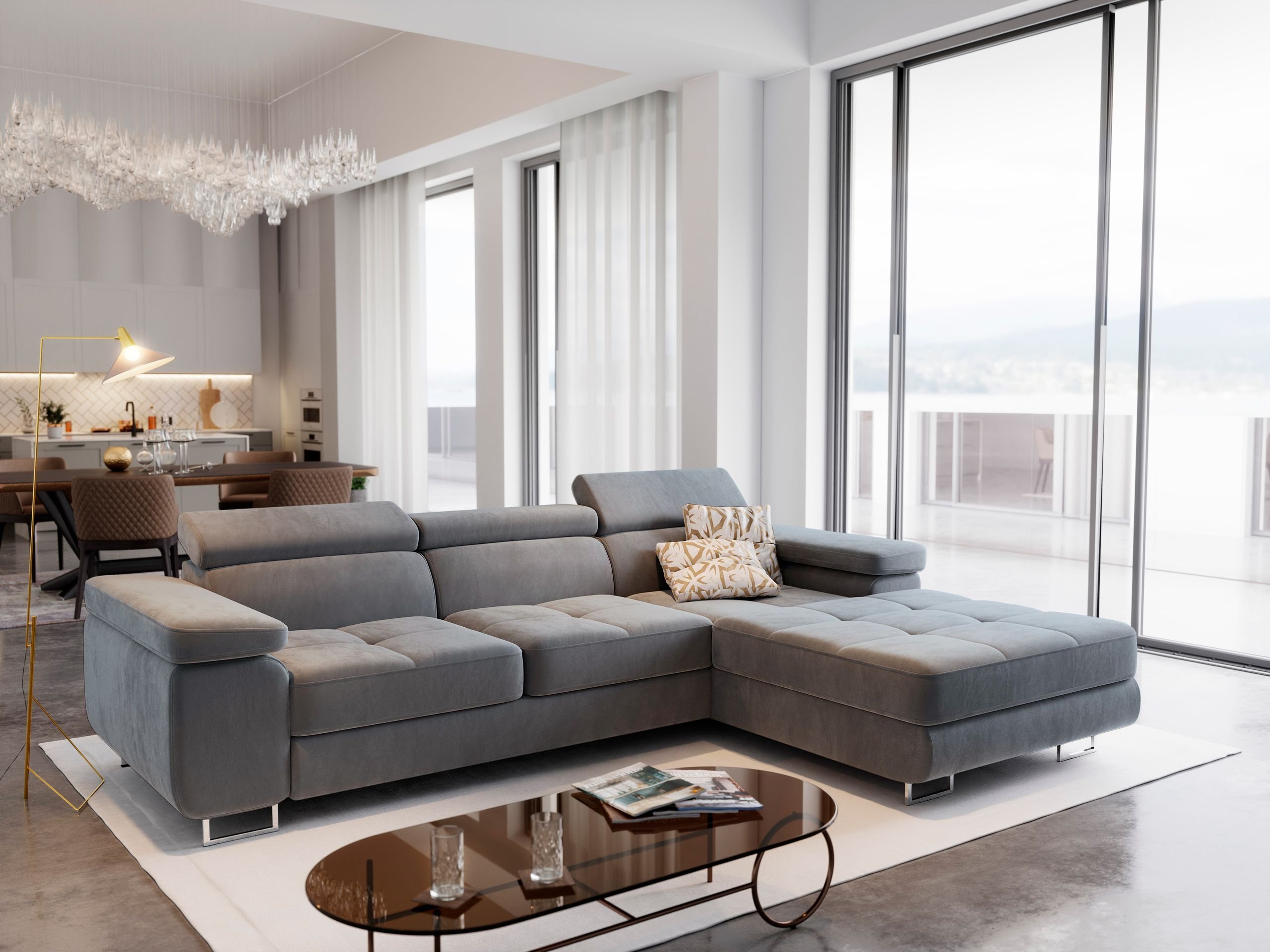 Masseno Narożnik ELMA R-S z funkcją spania i pojemnikiem na pościel Kształt L, Rozkładana sofa, Rogówka - Jasnoszary, MONOLITH 84