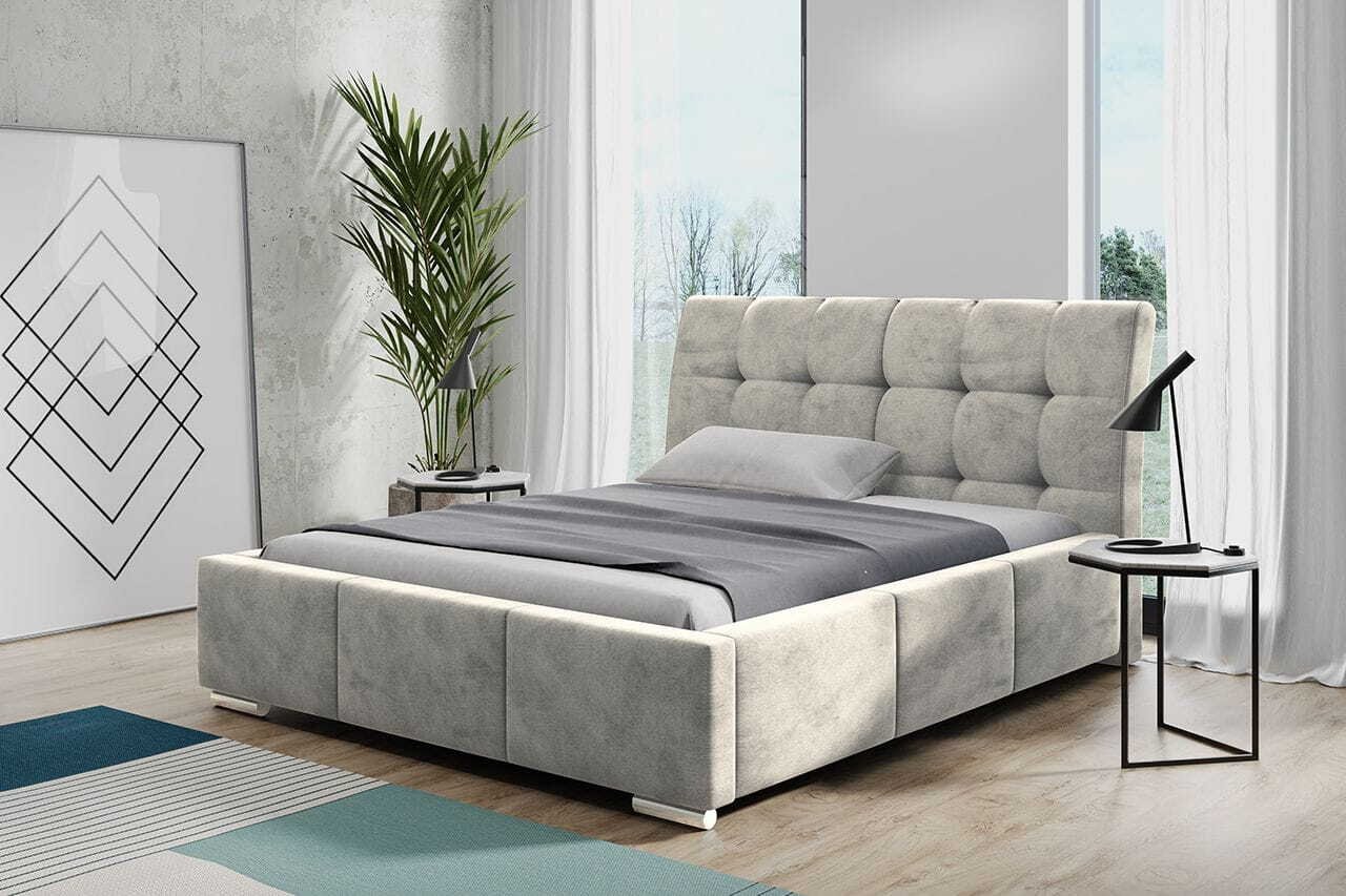 Łóżko tapicerowane AGMAT BARI z wezgłowiem, 160 x 200 cm, łóżko podwójne z podstawą łóżka i stelażem z listew metalowych, tkanina welurowa, kolor: beżowy