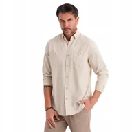 Koszule męskie - Koszula męska lniana wygodna regular fit kremowa Ombre OM-SHCS-0134 V3 XXL - miniaturka - grafika 1