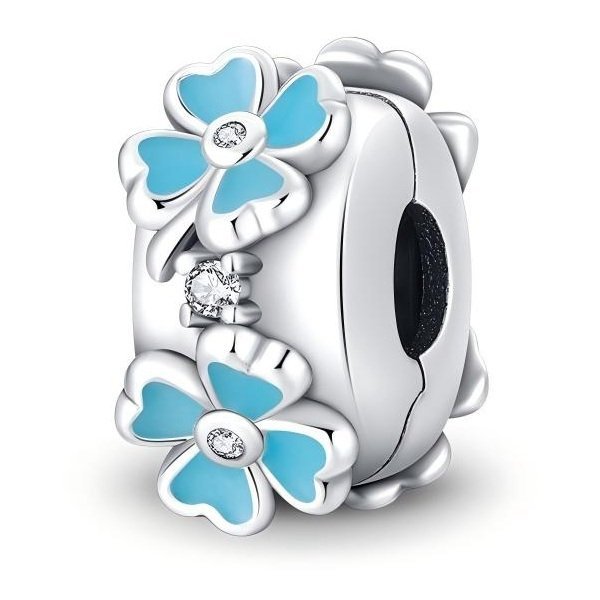 Zawieszka Charms SREBRO 925 Koralik Separator Klips Bloker Błękitne Kwiaty