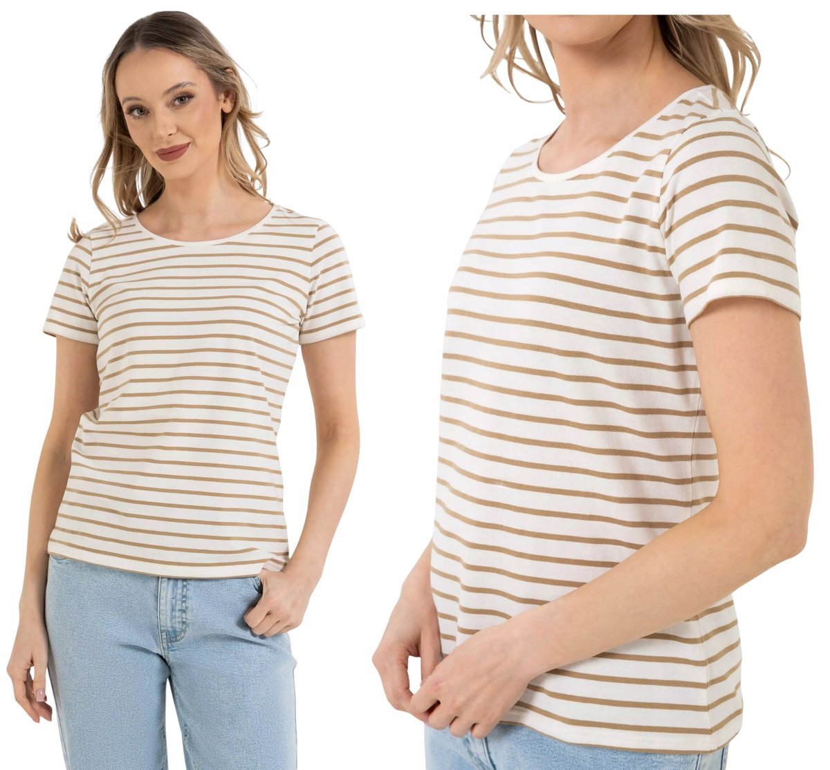 Damska Koszulka T-shirt Bawełniana w Paski Klasyczna BEŻOWA MORAJ XXL