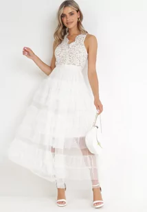 Biała Sukienka Maxi z Tiulowym Dołem i Koronkową Górą Deliva - Sukienki - miniaturka - grafika 1