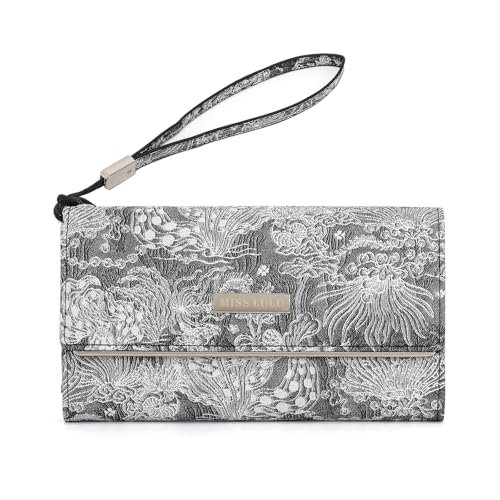 Miss Lulu Duży portfel damski, elegancki portfel damski, biały nadruk sztuczna skóra portmonetka damska, mała torebka damska, czarne, Taglia Unica