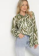 Koszule damskie - Zielona Klasyczna Koszula w Zebrę z Przezroczystej Tkaniny z Wiskozy Bovianne - miniaturka - grafika 1