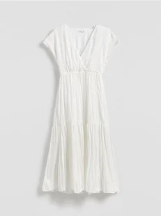 Reserved - Sukienka z marszczonej tkaniny - biały - Sukienki - miniaturka - grafika 1