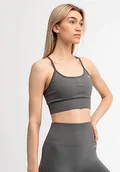 Biustonosze - Drop of Mindfulness Maya Biustonosz sportowy bezszwowy ciemnoszary z regulowanymi ramiączkami damski biustonosz sportowy, chowane wstawki Top sportowy szary biustonosz fitness wyściełany, XS-XL - miniaturka - grafika 1