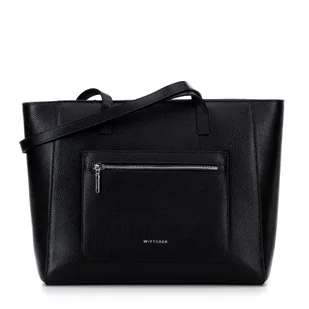 Skórzana torba shopper z kieszeniami na froncie czarna ze srebrnym logo - Torebki damskie - miniaturka - grafika 1