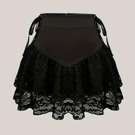 Spódnice - TEMU Spódnica z Koronkowym Patchworkiem, Falbanką i Wiązaniem z Przodu, Krzyżujące się Ramiączka, Styl Y2K, A-Line, Zamek, Jednokolorowa, Idealna na - miniaturka - grafika 1