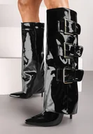 Kozaki damskie - Czarne Lakierowane Kozaki na Szpilce w Stylu Biker z Wywiniętą Cholewką i Klamrami Creta - miniaturka - grafika 1