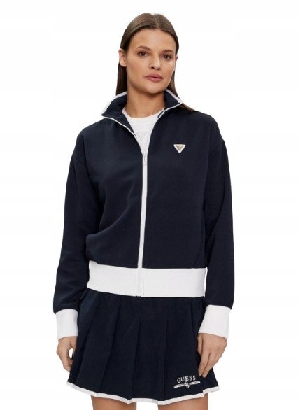 GUESS BLUZA DRESOWA DAMSKA GRANATOWA Z KONTRASTOWYMI LAMÓWKAMI L GNA