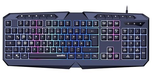 Speedlink LUDICIUM RGB Rainbow Gaming Keyboard - do gier RGB z kablem, układ niemiecki QWERTZ, blokada klawisza Windows, przełącznik WASD, 10 klawiszy multimedialnych, przewodowa,czarna