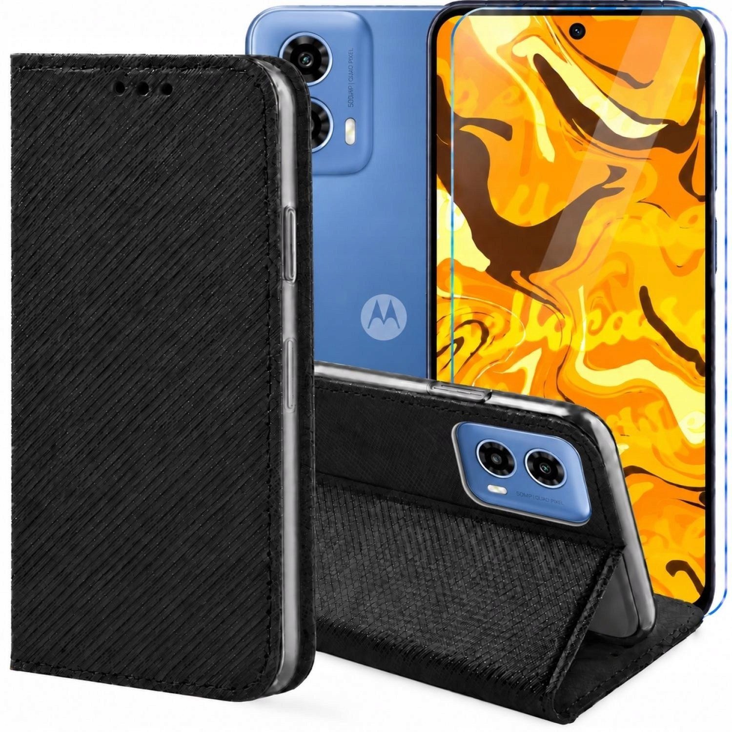 Hello Case Etui z Klapką Do Motorola Moto G34 5G Czarne, Zamykane, Kabura Szkło BNDL3319
