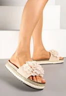 Klapki i japonki damskie - Beżowe Klapki Zdobione Plecioną i Kwiatową Aplikacją Kinellea - miniaturka - grafika 1