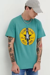 Koszulki męskie - Converse t-shirt bawełniany kolor turkusowy z nadrukiem - grafika 1