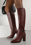 Kozaki damskie - Bordowe Kozaki na Słupku ze Szpiczastym Noskiem i Paskiem z Klamrą Luvitte - miniaturka - grafika 1