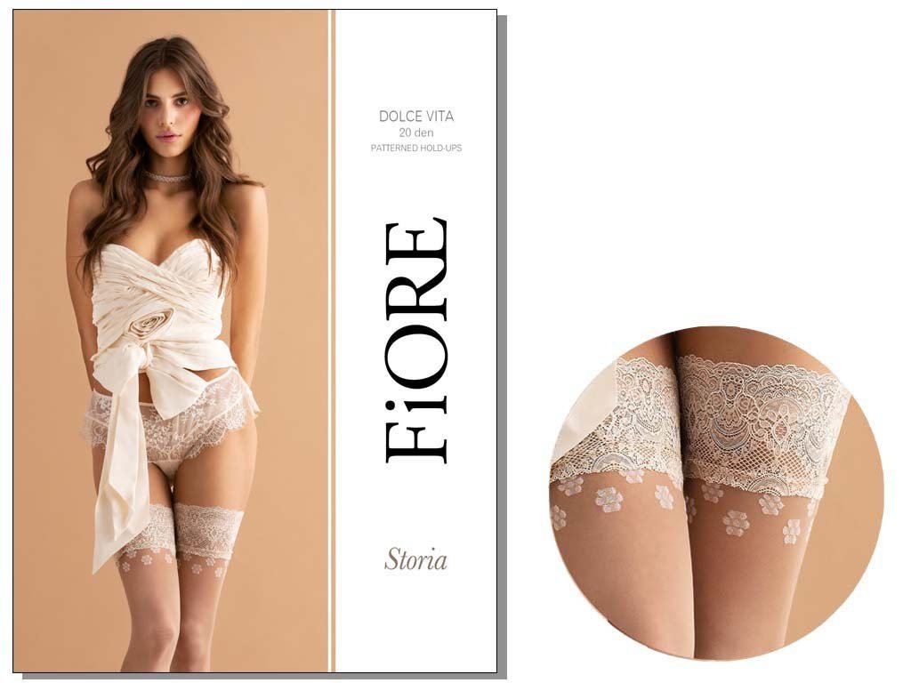 Pończochy ślubne Dolce Vita 20 DEN z koronką i kwiatam 2 Poudre