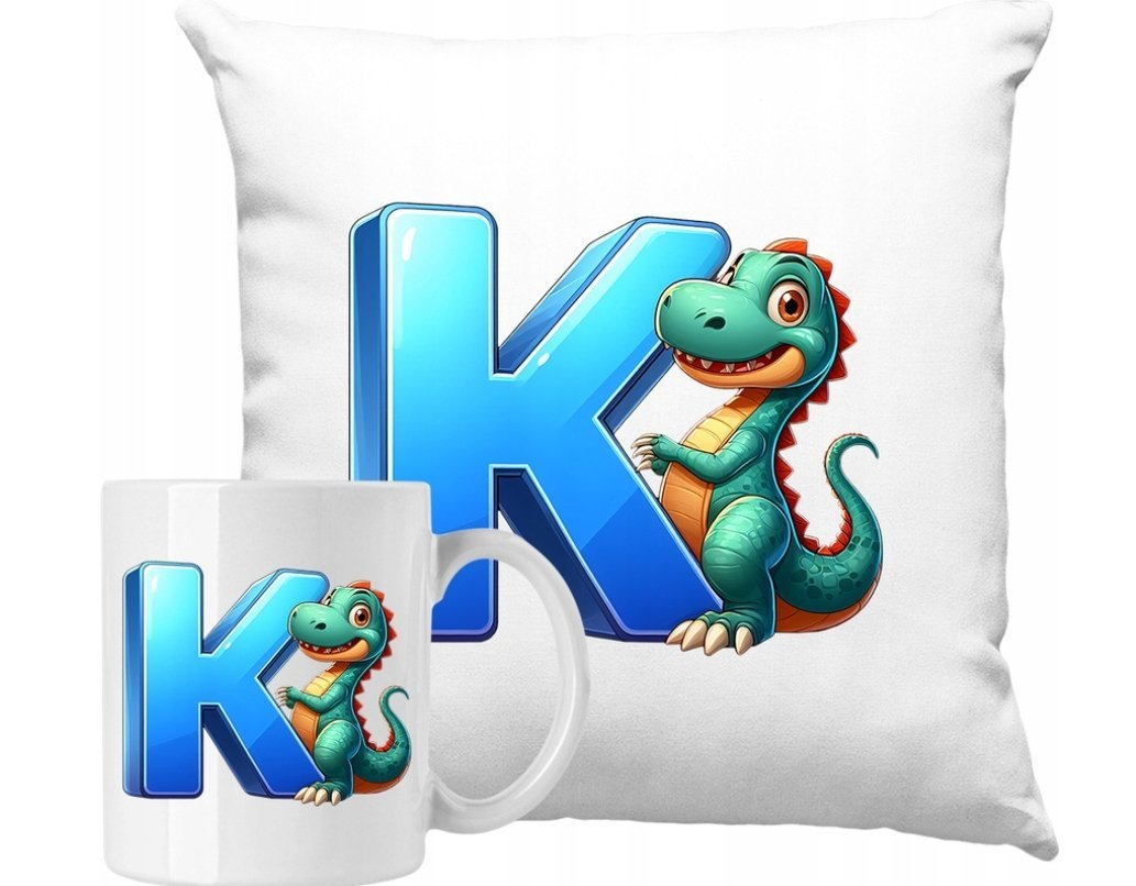 ZESTAW PODUSZKA + KUBEK Dino Dinozaur Litera K Pomysł Na Prezent +IMIĘ