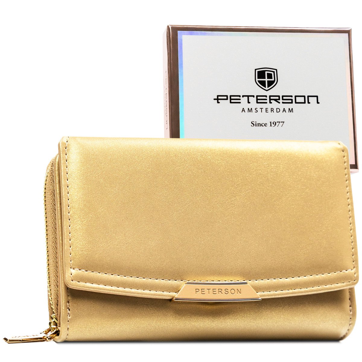 Markowy portfel damski PETERSON ochrona kart RFID zatrzask i suwak elegancki modny na prezent beżowy