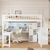 Łóżka dla dzieci i młodzieży - Łóżko piętrowe 140×200 cm - z oświetleniem LED - ze schodami ze schowkiem - z półkami - z biurkiem - Białe (materac nie jest zawarty) - miniaturka - grafika 1