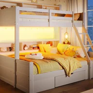 Łóżka dla dzieci i młodzieży - Łóżko piętrowe 90x200cm + 140x200cm - z drabinką i barierką zabezpieczającą - 1 szuflada - oświetlenie LED - białe (materac nie jest wliczony w cenę) - miniaturka - grafika 1