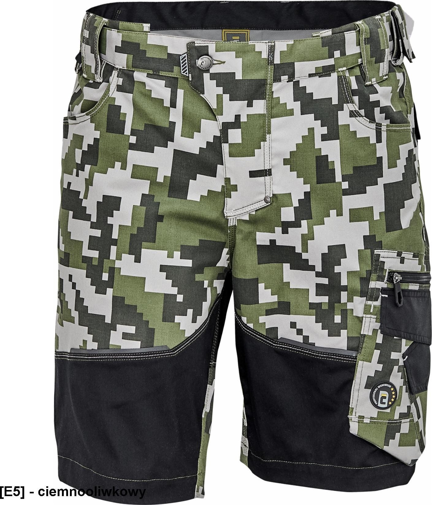 CERVA NEURUM CAMOUFLAGE szorty - męskie szorty robocze, 6 kieszeni, elastyczny materiał Trifibetex z nadrukiem moro, odblaski - ciemnooliwkowy 58