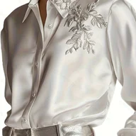 Koszule damskie - TEMU Satynowa Koszula z Białym Haftem w Srebrne Rośliny - miniaturka - grafika 1