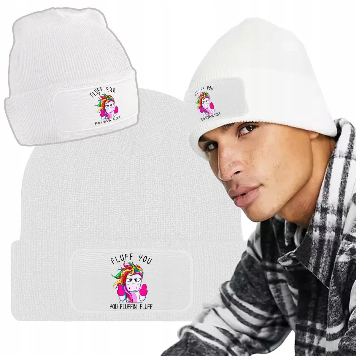 Zimowa Wygodna Czapka Biała UNICORN ZABAWNE Wzory