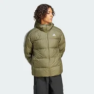 Kurtki męskie - adidas Męska kurtka puchowa Essentials Midweight z kapturem, oliwkowa, Warstwy oliwkowe, M - miniaturka - grafika 1
